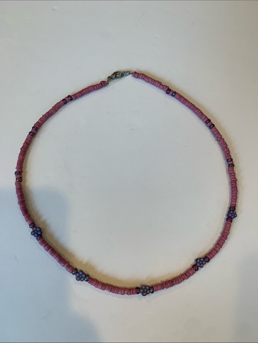 Beaded Flower Choker Necklace Pink Wood Disc Heishi Seed Bead Festival